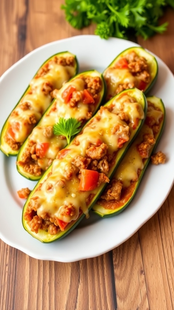 Stuffed zucchini boats filled with ground meat and topped with melted cheese, garnished with parsley on a rustic table.